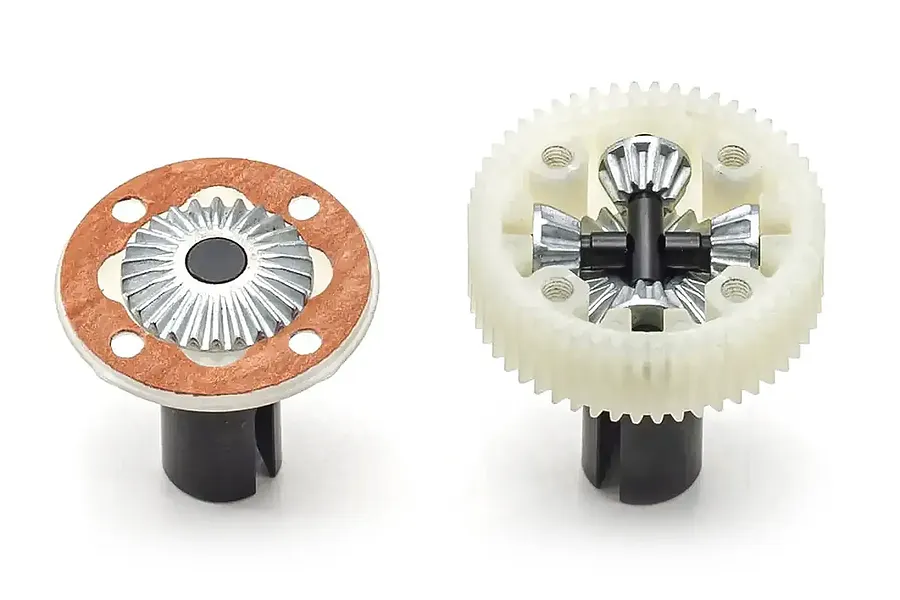 Two views of an RC car differential assembly, showing the internal metal gears and the outer plastic gear housing with a gasket.