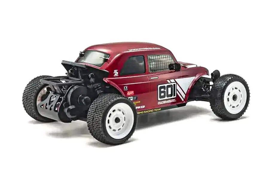 Rear three-quarter view of the Kyosho Ultima SB Dune Master RC buggy, featuring a metallic red body with white racing decals and white wheels.