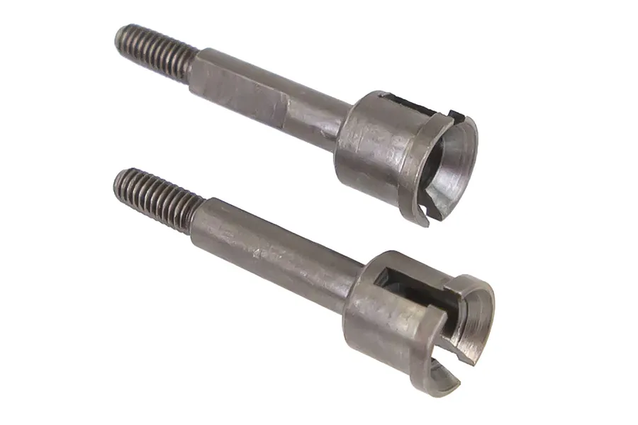 Two metal RC wheel axles with threaded ends and cup-shaped drive joints, isolated on a white background.