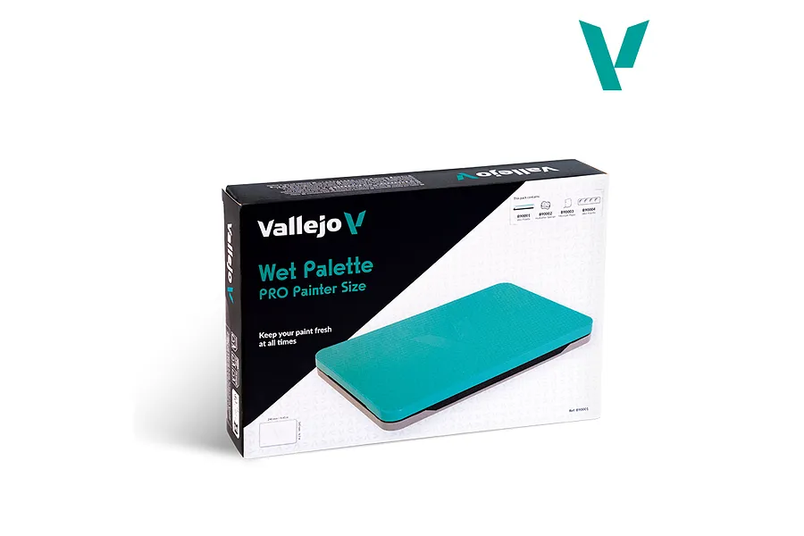 Vallejo Wet Palette Pro Painter Size box packaging showing the teal palette container on a white background.