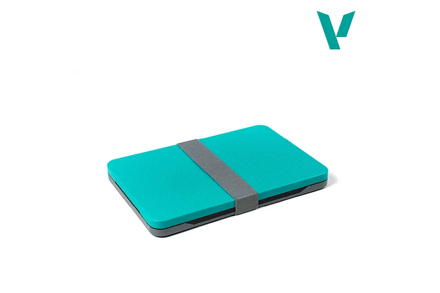 Vallejo wet palette in a closed, rectangular case with a textured teal lid and grey elastic strap, set against a white background.
