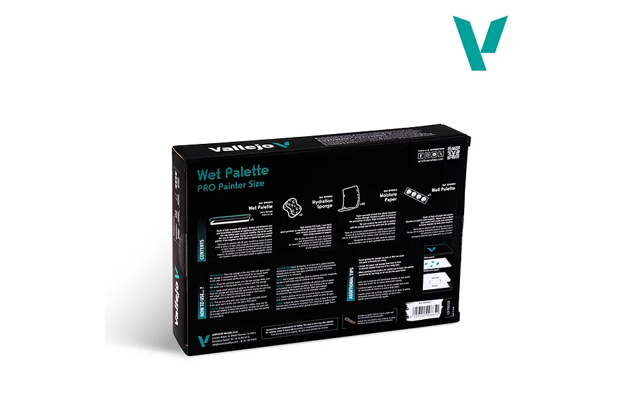 The back of a black Vallejo Wet Palette Pro Painter Size box, showing product contents, usage instructions, and additional tips in English and Spanish.