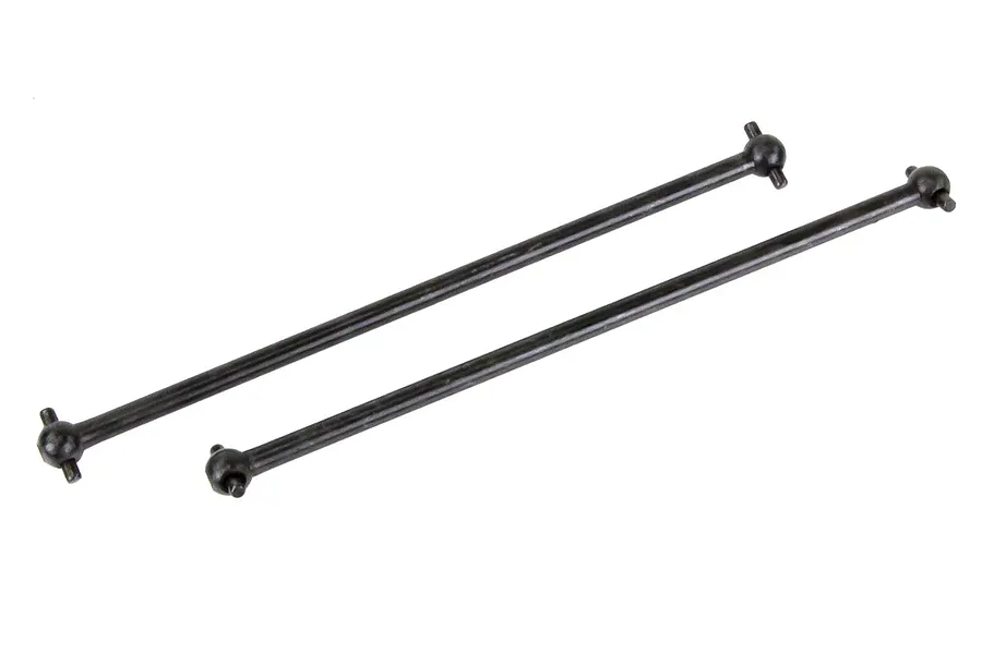 Two black metal RC car drive shafts with universal joints at each end, isolated on a white background.