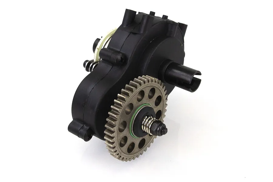 HSP complete two-speed gearbox assembly featuring a black plastic housing and a large metal spur gear with a spring-loaded clutch mechanism.