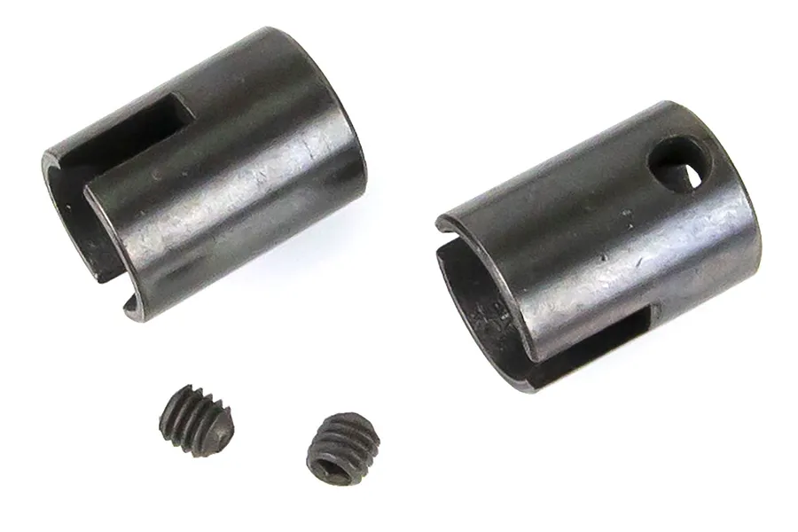 Two black metal RC drive cups and two small grub screws arranged on a white background.