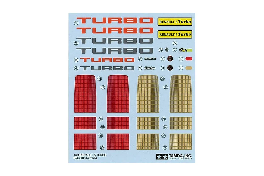 A decal sheet for the Tamiya 1/24 Renault 5 Turbo model kit, featuring various Turbo logos, red and beige seat patterns, and dashboard instrument decals.