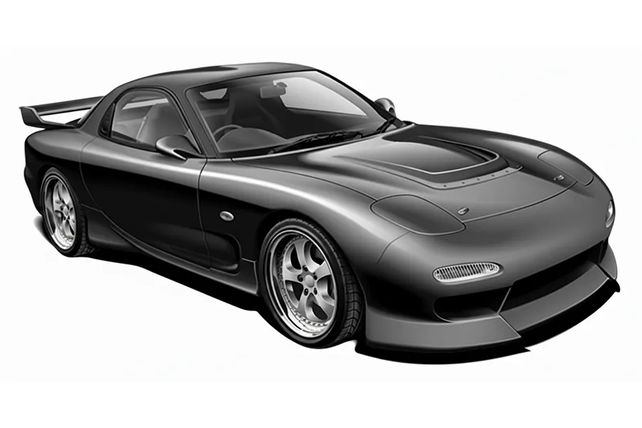 A greyscale illustration of a modified Mazda RX-7 FD3S sports car with an aftermarket front bumper, hood, and rear spoiler.