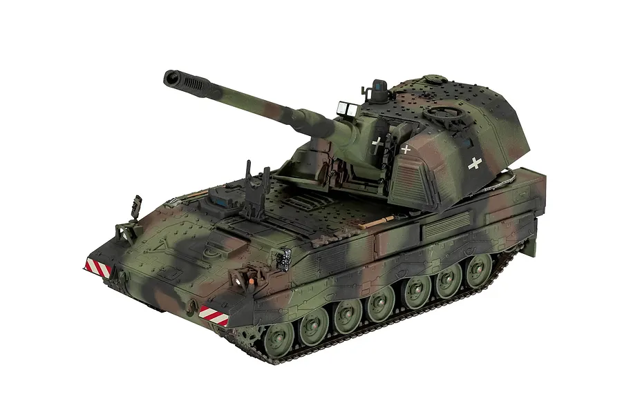 A fully assembled and painted 1/72 scale model of a Panzerhaubitze 2000 self-propelled howitzer in a three-tone camouflage pattern.