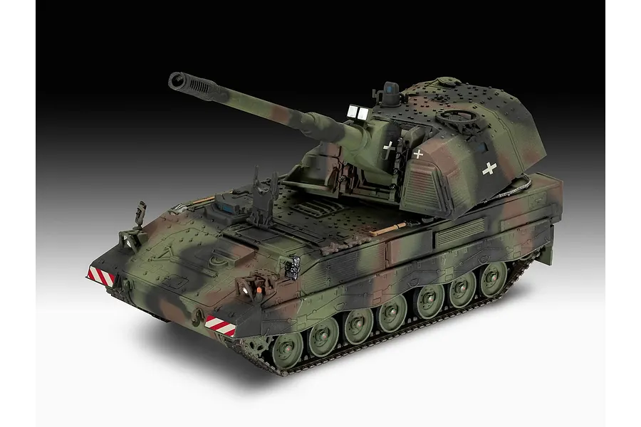 A fully assembled and painted 1/72 scale model of a Panzerhaubitze 2000 self-propelled howitzer in camouflage livery.