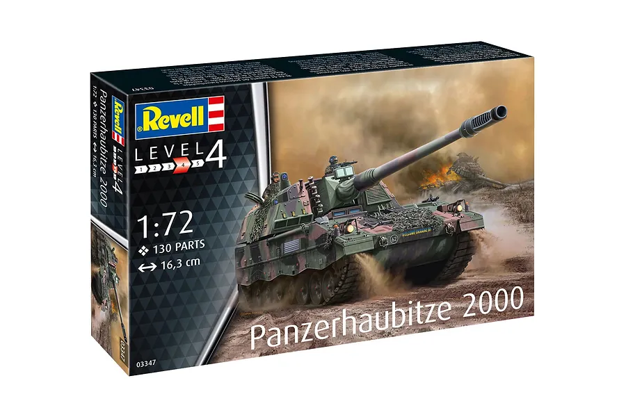 Revell 1/72 scale Panzerhaubitze 2000 model kit box featuring an illustration of the armoured howitzer in a battlefield setting.