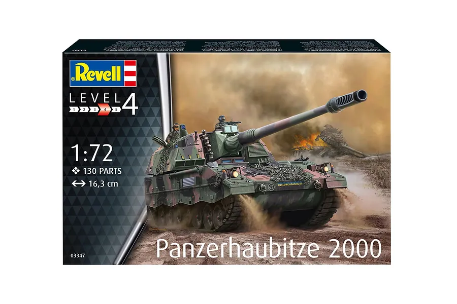 Revell 1/72 scale Panzerhaubitze 2000 model kit box art showing an armoured howitzer in a battlefield setting.