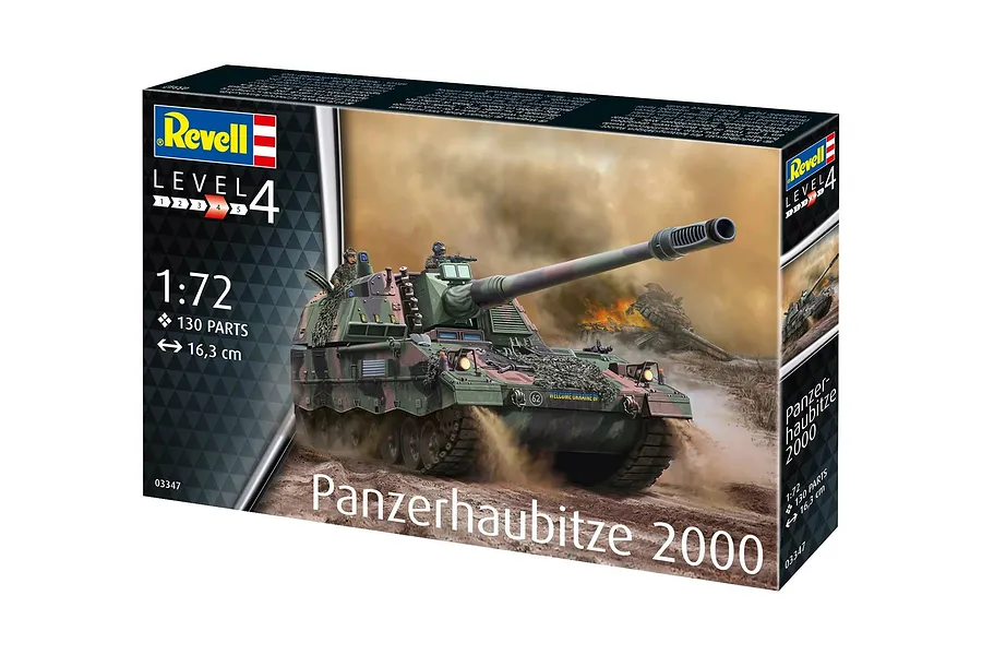 Revell 1/72 scale Panzerhaubitze 2000 model kit box featuring an illustration of the armoured howitzer in a battlefield setting.