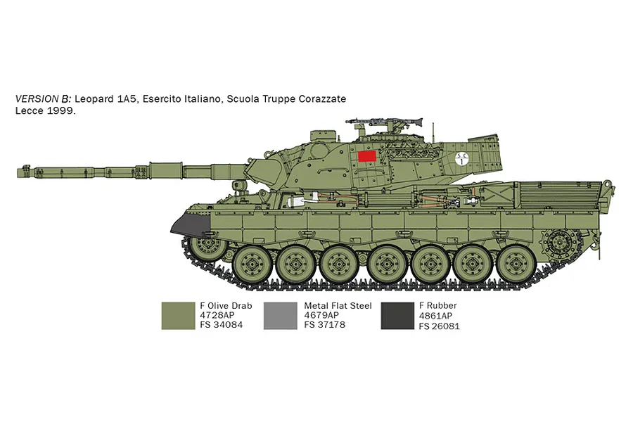 A side-profile technical illustration of an Italian Leopard 1A5 tank, showing paint scheme and colour reference guide.