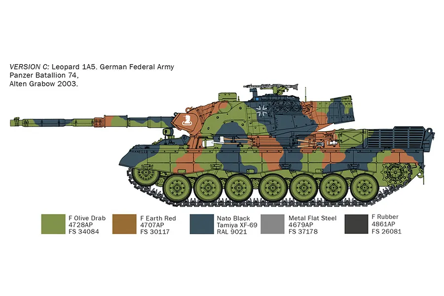 A side-profile illustration of a Leopard 1A5 tank in camouflage, showing paint color references for a model kit.