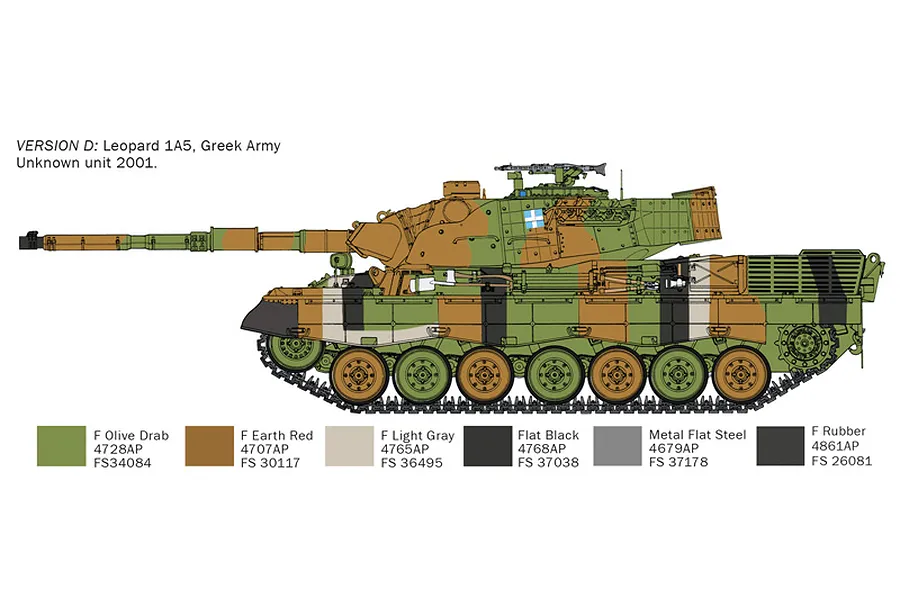 A side-profile illustration of a Leopard 1A5 tank in Greek Army camouflage, including a paint color reference guide below the vehicle.