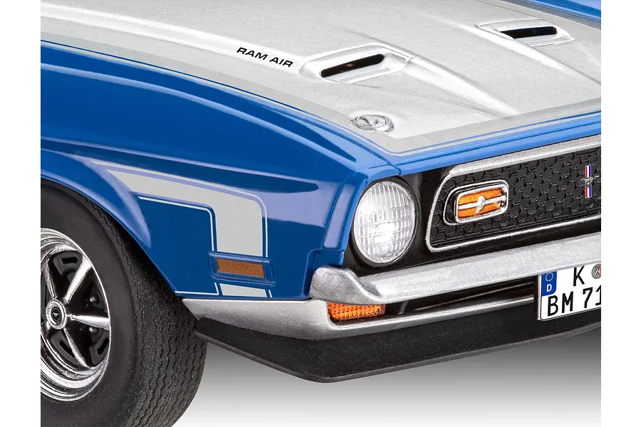 Close-up of the front passenger side of a blue and silver 1971 Ford Mustang Boss 351 scale model car.