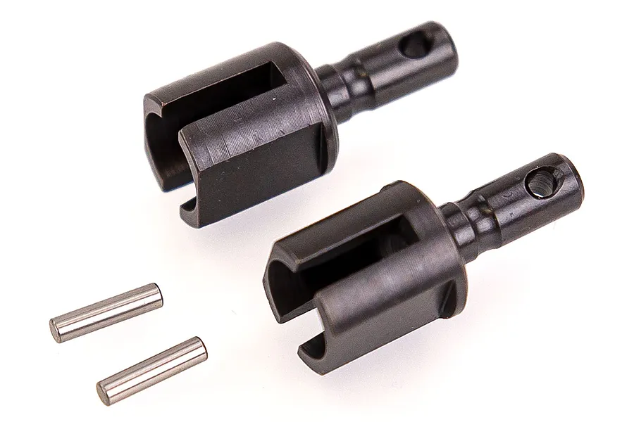 Two black metal differential drive cups and two small steel pins for an RC car, isolated on a white background.