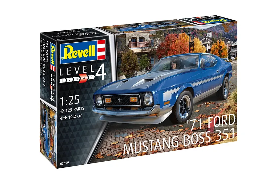 Revell 1/25 scale 1971 Ford Mustang Boss 351 plastic model kit box showing a blue Mustang on a street with autumn leaves.