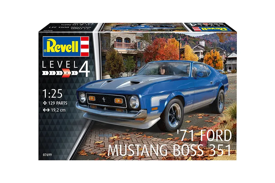 Revell 1/25 scale 1971 Ford Mustang Boss 351 plastic model kit box showing a blue Mustang on a street with autumn leaves.