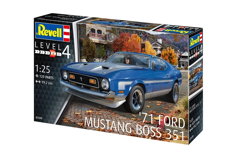 Product box for Revell 1/25 scale 1971 Ford Mustang Boss 351 plastic model kit showing a blue car on a street.