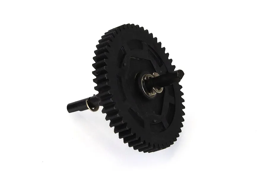 A black RC spur gear mounted on a metal shaft against a white background.