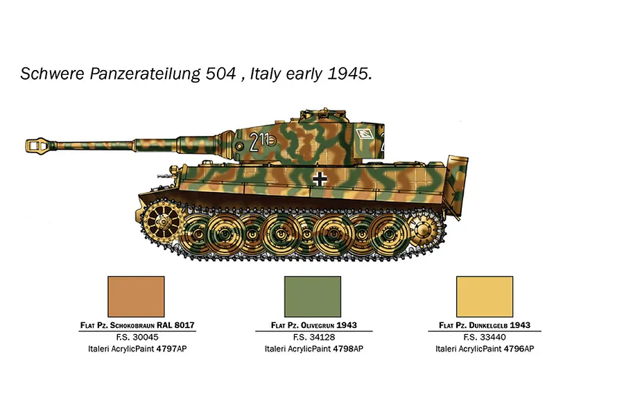 A digital illustration of a German Tiger I tank with camouflage paint, including a color guide for Italeri acrylic paints.