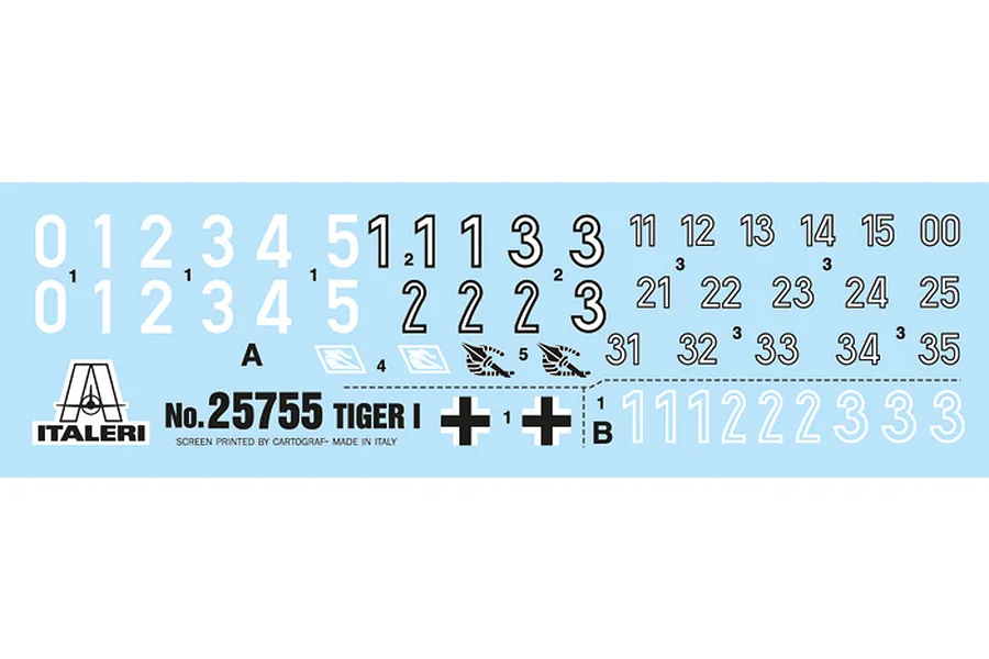A decal sheet for the Italeri 1/56 Tiger I tank model kit, featuring various numbers, German crosses, and unit insignias on a light blue backing.