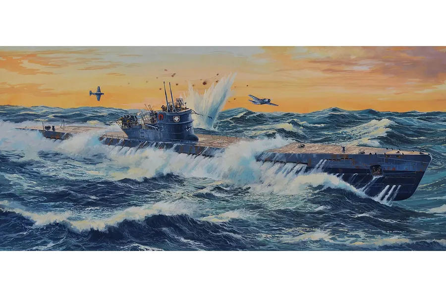 Box art illustration of a German Type IX C/40 submarine in rough seas under attack by aircraft at sunset.