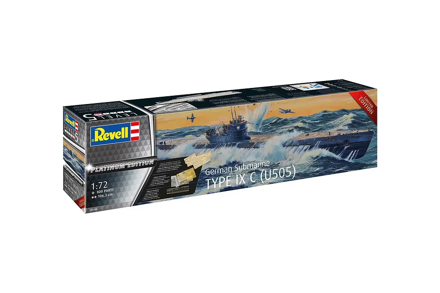 Revell 1/72 scale German Submarine Type IX C (U505) Platinum Edition plastic model kit box showing artwork of a submarine in rough seas.