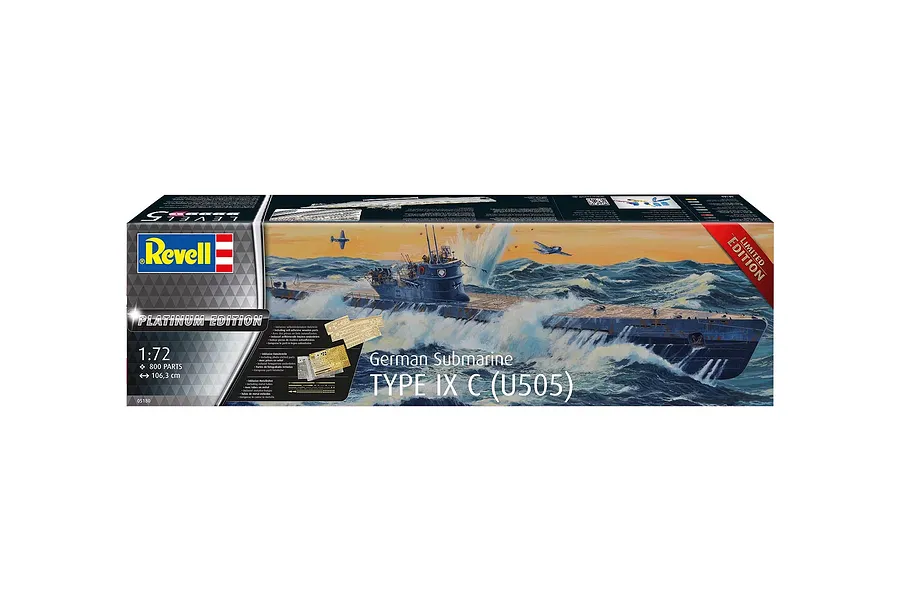 Revell 1/72 scale Type IX C (U505) German Submarine Platinum Edition model kit box showing artwork of a submarine at sea.