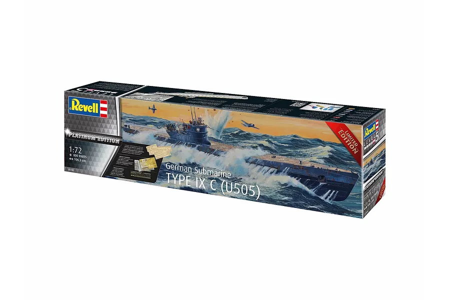 Revell 1/72 scale German Submarine Type IX C (U505) Platinum Edition plastic model kit box.