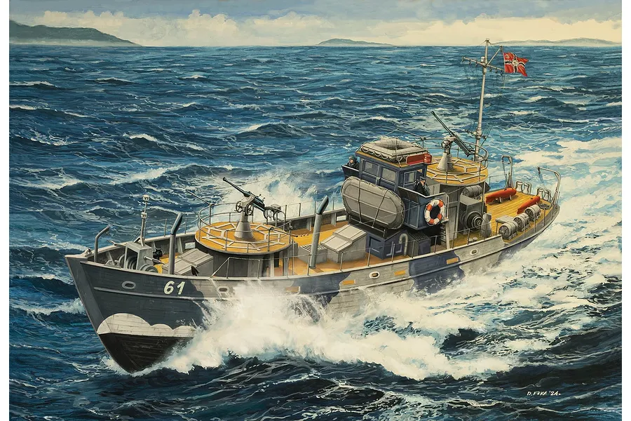 An artistic illustration of a KFK Kriegsfischkutter warboat at sea, featuring a grey camouflage hull, deck guns, and a flag, cutting through choppy waves.
