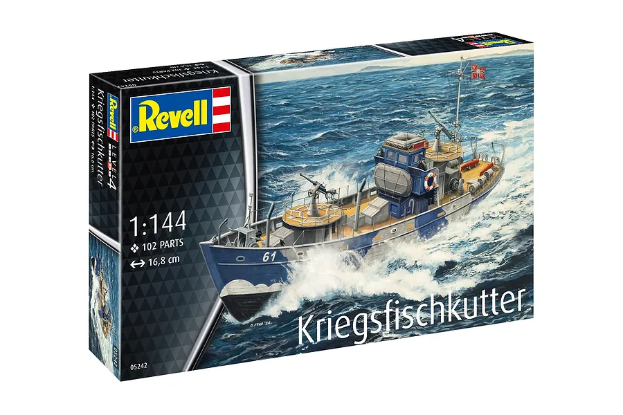 Revell 1/144 scale Kriegsfischkutter model kit box art showing a painted warboat on rough seas.