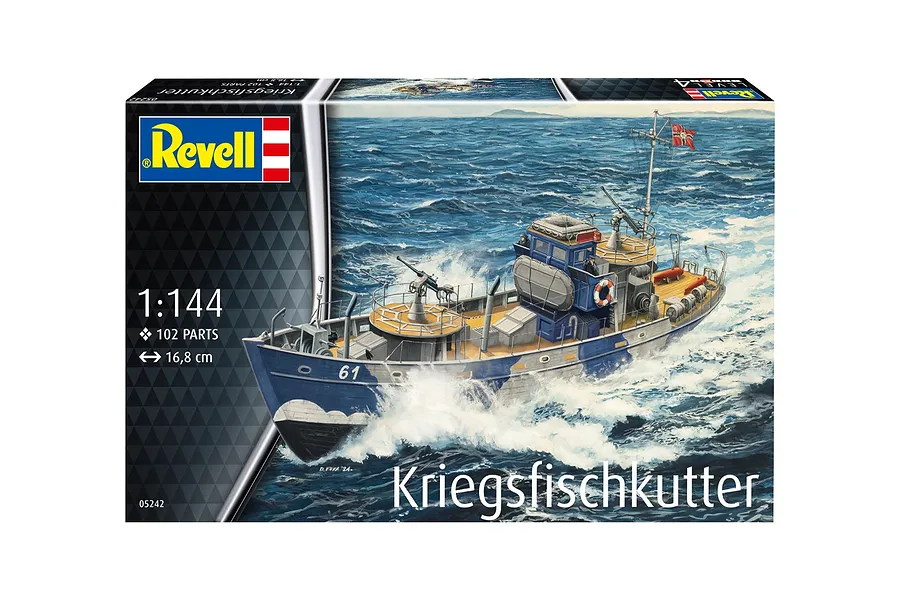 Revell 1/144 scale KFK Kriegsfischkutter model kit box art showing a blue and grey warboat at sea.