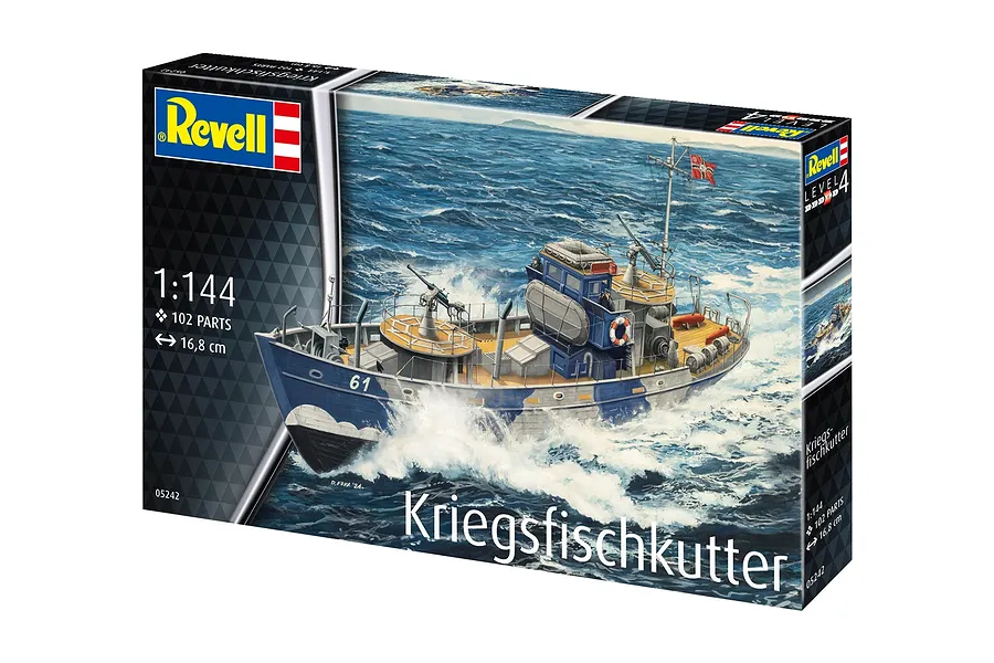 Revell 1/144 scale KFK Kriegsfischkutter model kit box showing a painted illustration of the warboat at sea.