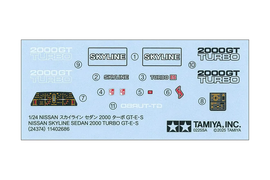 A decal sheet for a 1/24 scale Tamiya Nissan Skyline 2000 Turbo GT-E S model kit, featuring various badges, dashboard gauges, and text labels.