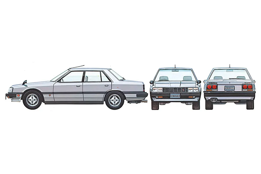 Illustration of a silver Nissan Skyline 2000 Turbo GT-E S sedan shown from the side, front, and rear angles.