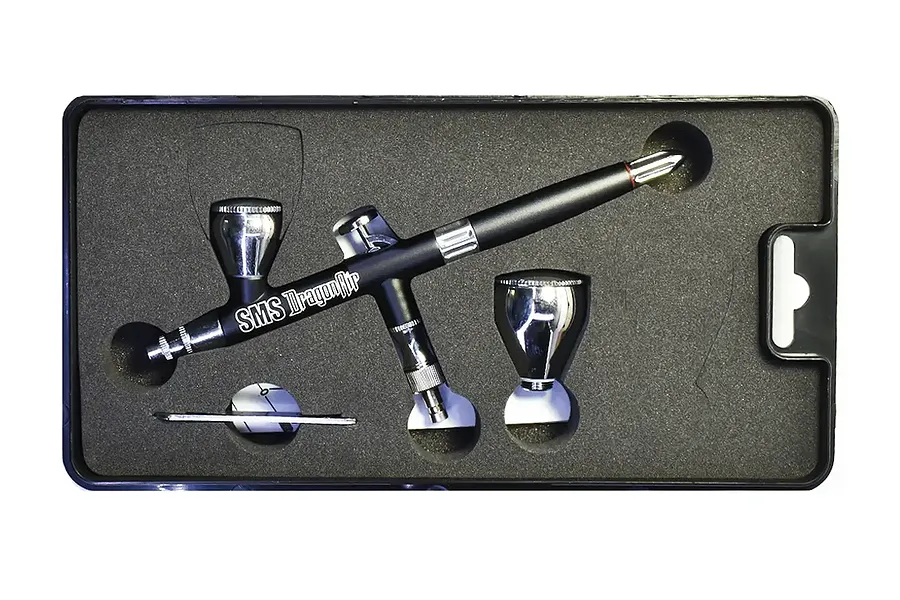 Scale Modellers Supply DragonAir airbrush with accessories in a black foam-lined storage case.
