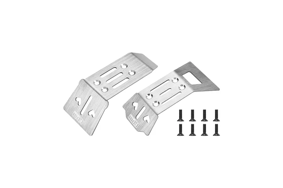 Two GPM Racing stainless steel skid plates for 1/18 scale RC cars, shown with eight black mounting screws on a white background.