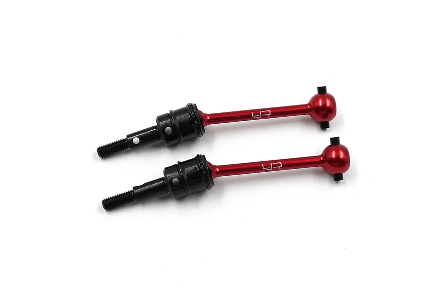 Two Yeah Racing red aluminium and black steel CVD driveshafts for RC cars, shown against a white background.