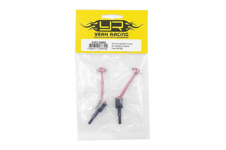 Two red Yeah Racing aluminium and steel CVD driveshafts in original yellow and clear plastic retail packaging.