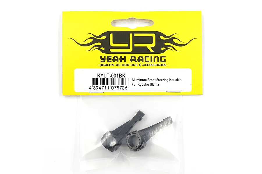 Yeah Racing KYUT-001BK black aluminum front steering knuckles for Kyosho Ultima in original retail packaging.
