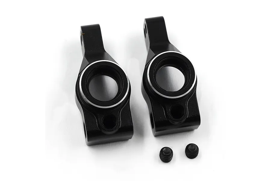 A pair of black anodized aluminium RC rear hubs with two small black grub screws on a white background.
