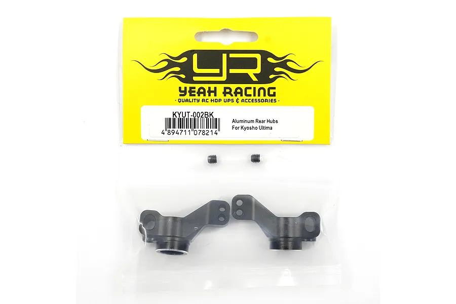 Yeah Racing aluminium rear hubs in black packaging for Kyosho Ultima, showing two hubs and two small grub screws in a clear plastic bag.