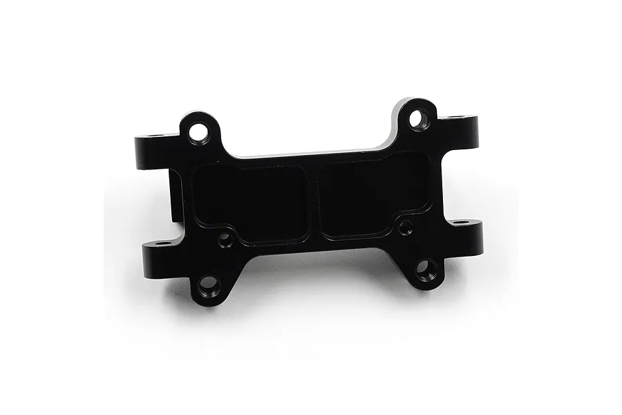 A black anodized aluminium front bulkhead for an RC car, featuring multiple mounting holes and a machined design, isolated on a white background.