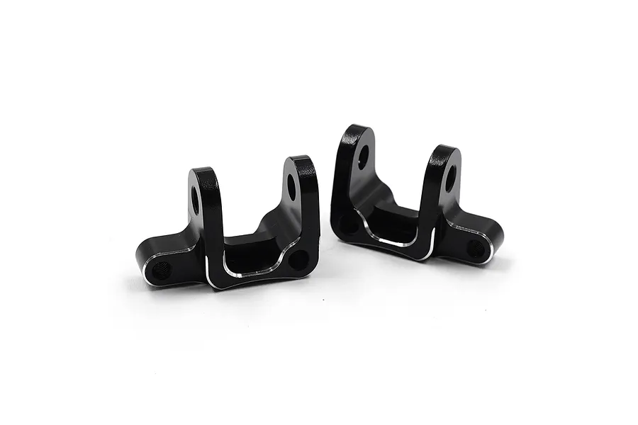 Two black aluminium C-hub steering carriers for RC cars, featuring silver chamfered edges and mounting holes.