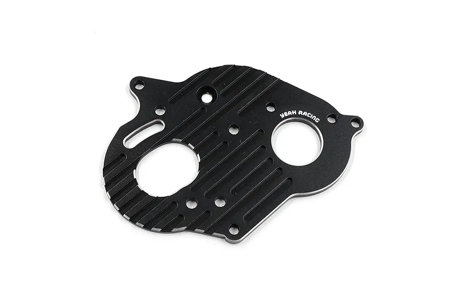 A black anodized aluminium motor mount plate by Yeah Racing with machined cooling fins and mounting holes.
