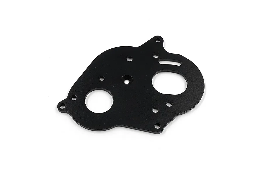 A black anodized aluminium motor mount plate for an RC car, featuring various mounting holes and cutouts, isolated on a white background.