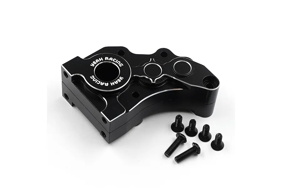 A black anodized aluminium gearbox case for RC cars by Yeah Racing, shown with five matching black screws on a white background.