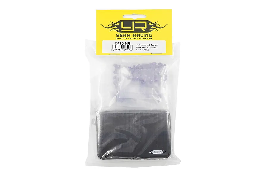 Yeah Racing screw kit in a plastic bag with a yellow header card, featuring purple screws and a black storage box for ReveD RDX.